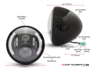 7" Gloss Black Metal LED Headlight + Integrated DRL & Turn Signals