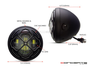7" Matte Black + Contrast Multi Projector LED Headlight + Rukis Grill Cover